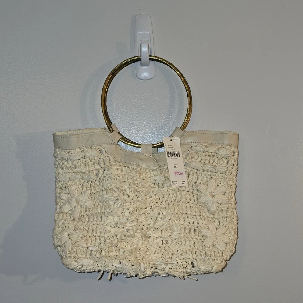 Anthropologie Beige Textured Tote with Gold Ring Handles NWT LOT-Q - Picture 1 of 11